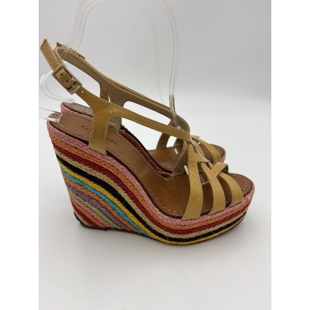 Kate Spade Lindsay Platform Wedge Rainbow Espadrille Sandal Gold Patent Size 6 - Picture 5 of 16